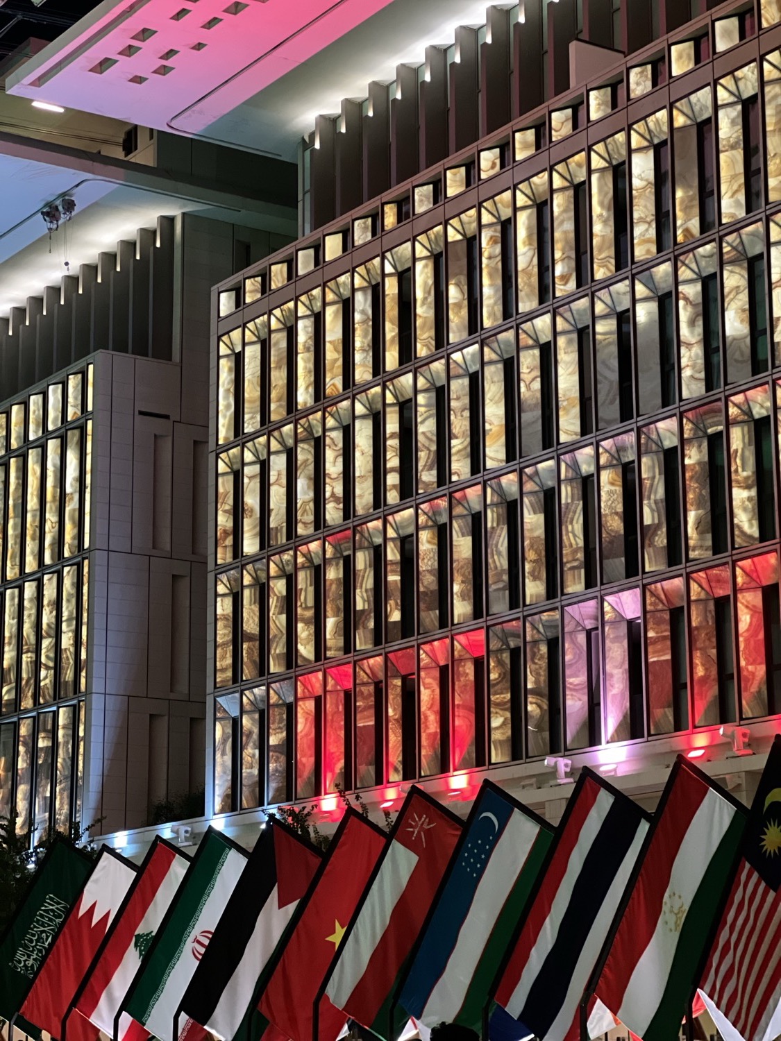 Illuminated facades and the flags of competing nations, Msheireb, Doha