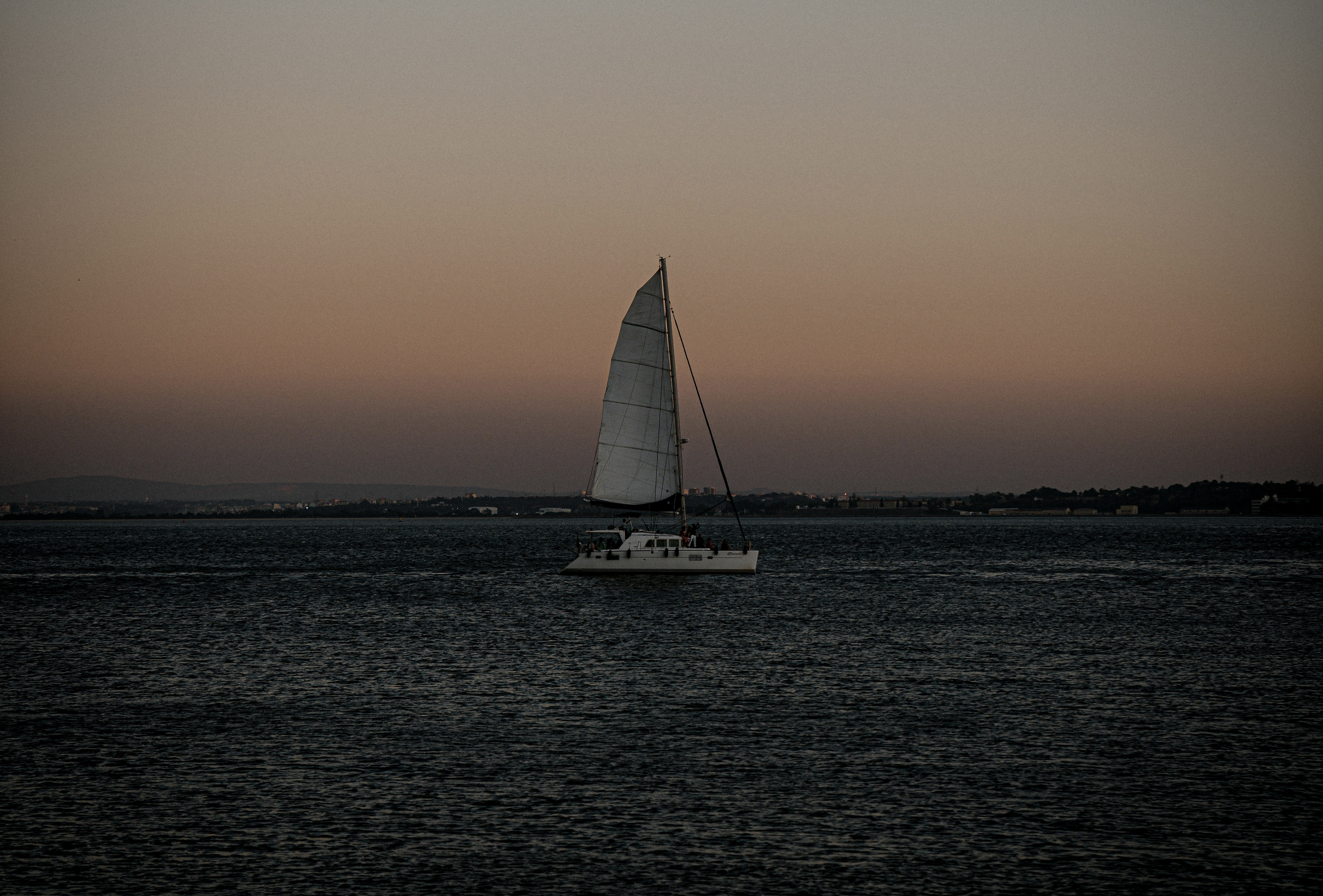 A single sail on open water at dusk