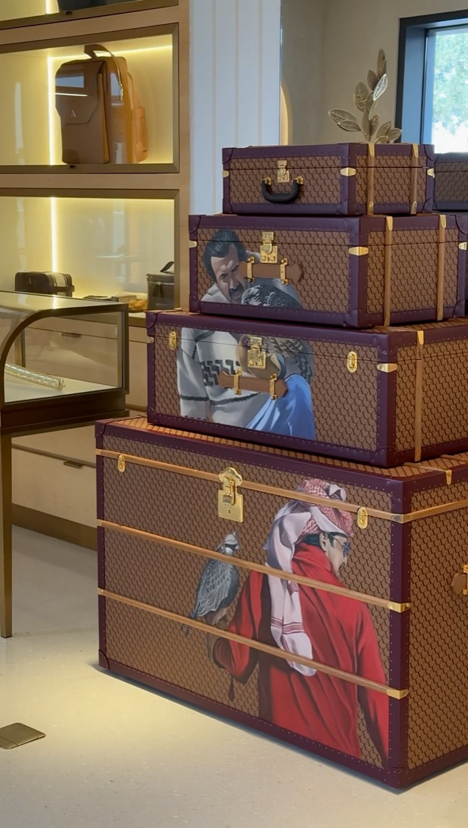 Stacked trunks with painted artwork and brass fittings, Al Bidaa, Msheireb, Doha