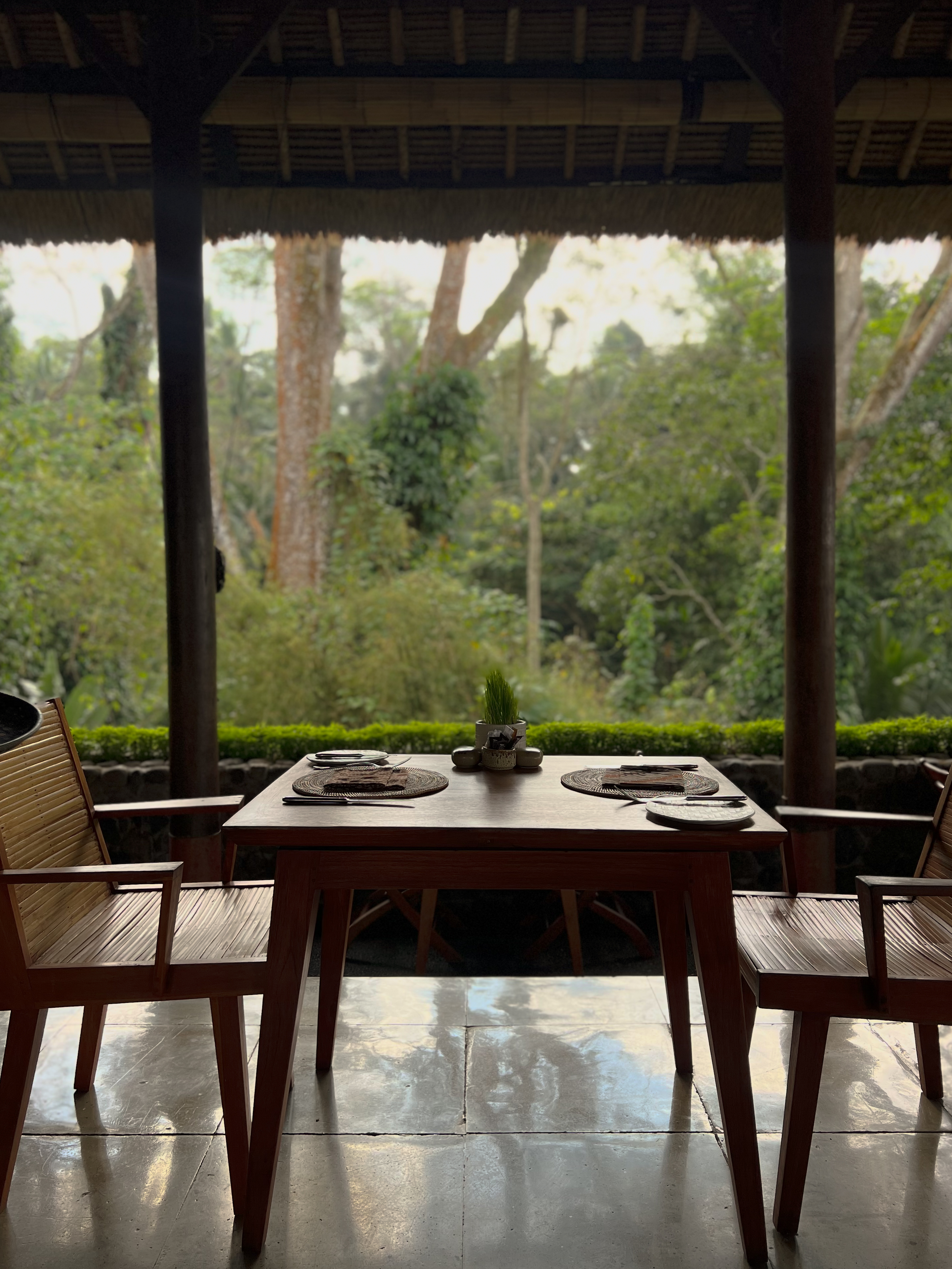 Set dining table, thatched roof, rain, Alila Ubud