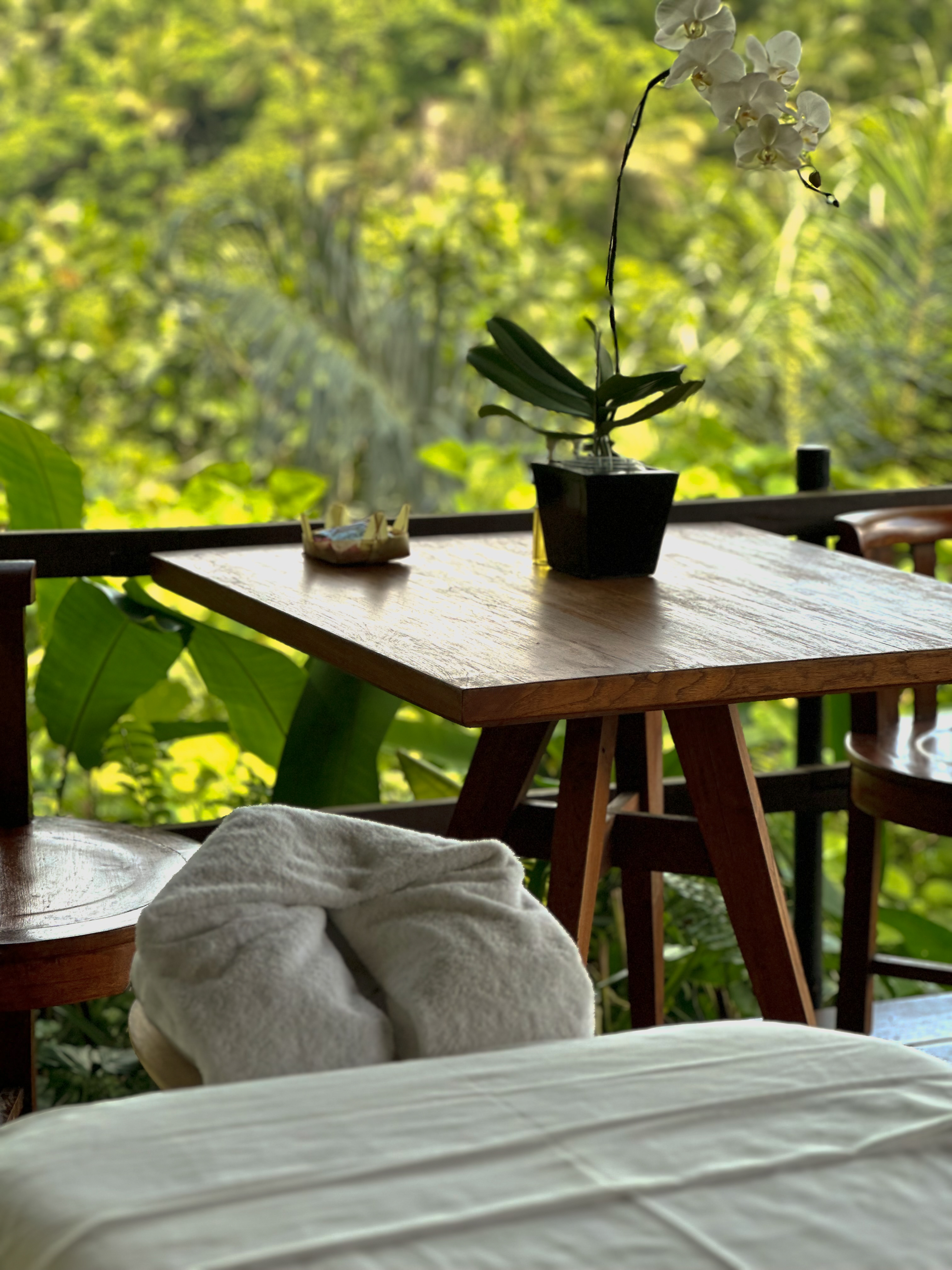 White orchid on treatment table, jungle canopy beyond, Alila Ubud