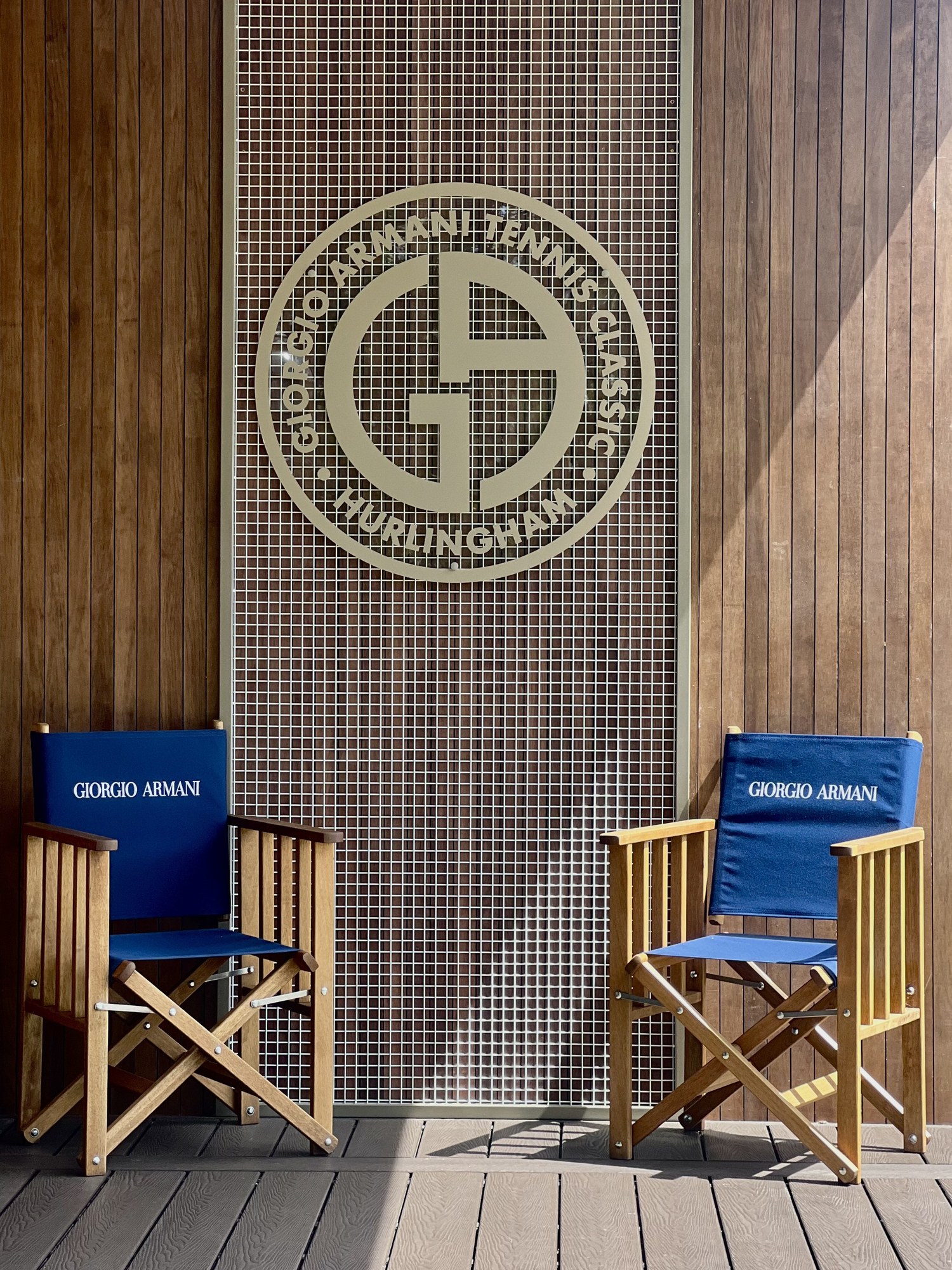 Giorgio Armani Tennis Classic branding and chairs, Hurlingham Club, London