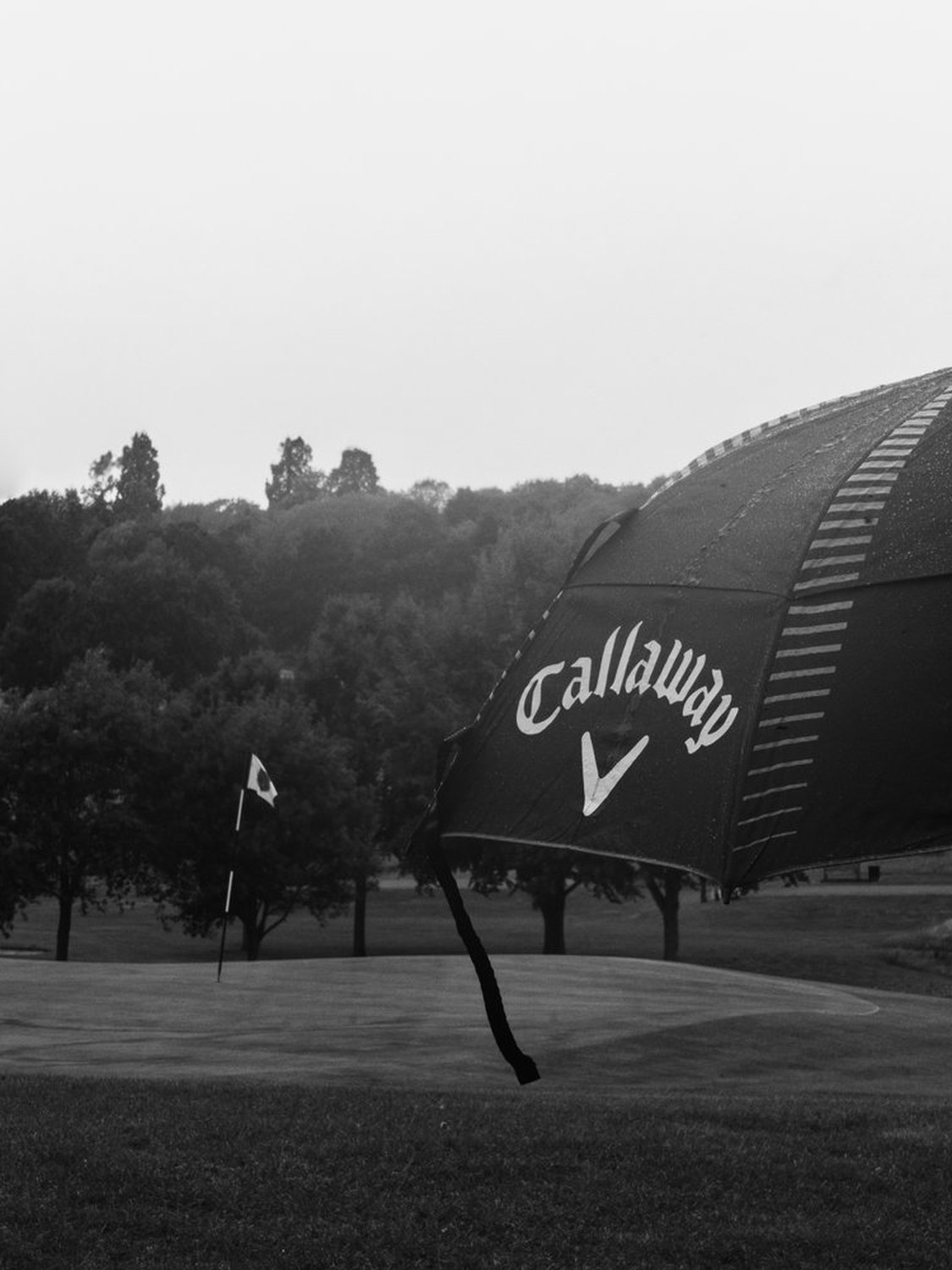 An open umbrella on the course in the rain, Common Ground