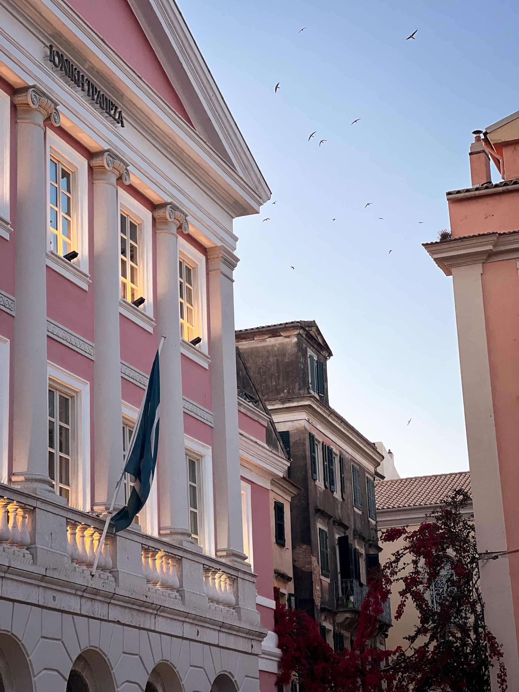Pink neoclassical facade and birds, Corfu Town