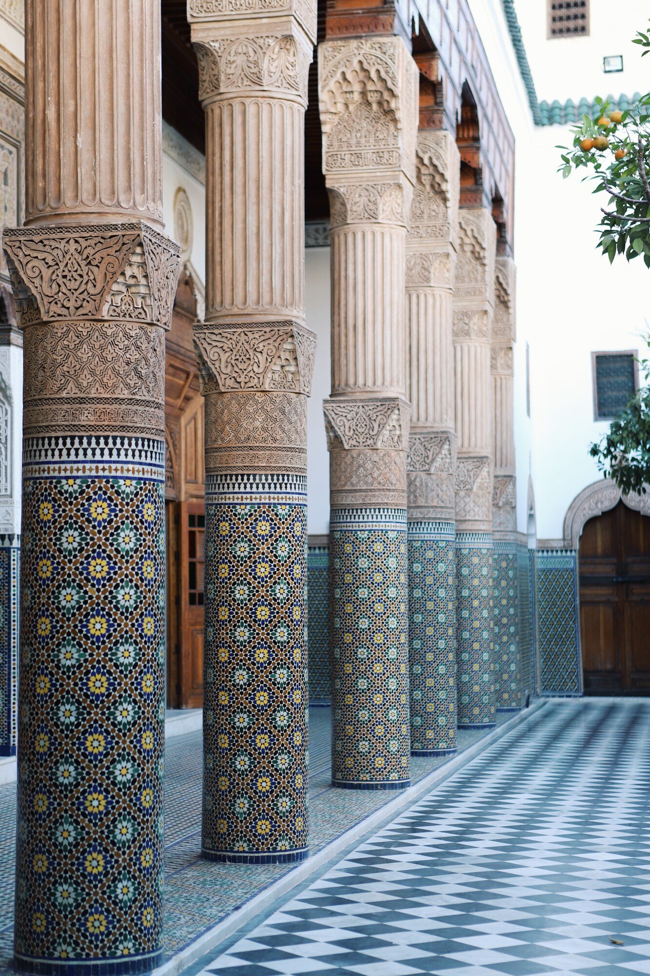 The courtyard columns, Dar El Bacha palace, Marrakech, Morocco