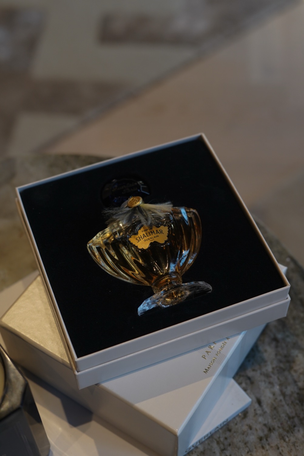 Shalimar parfum bottle in its presentation box, Guerlain masterclass, Leeds