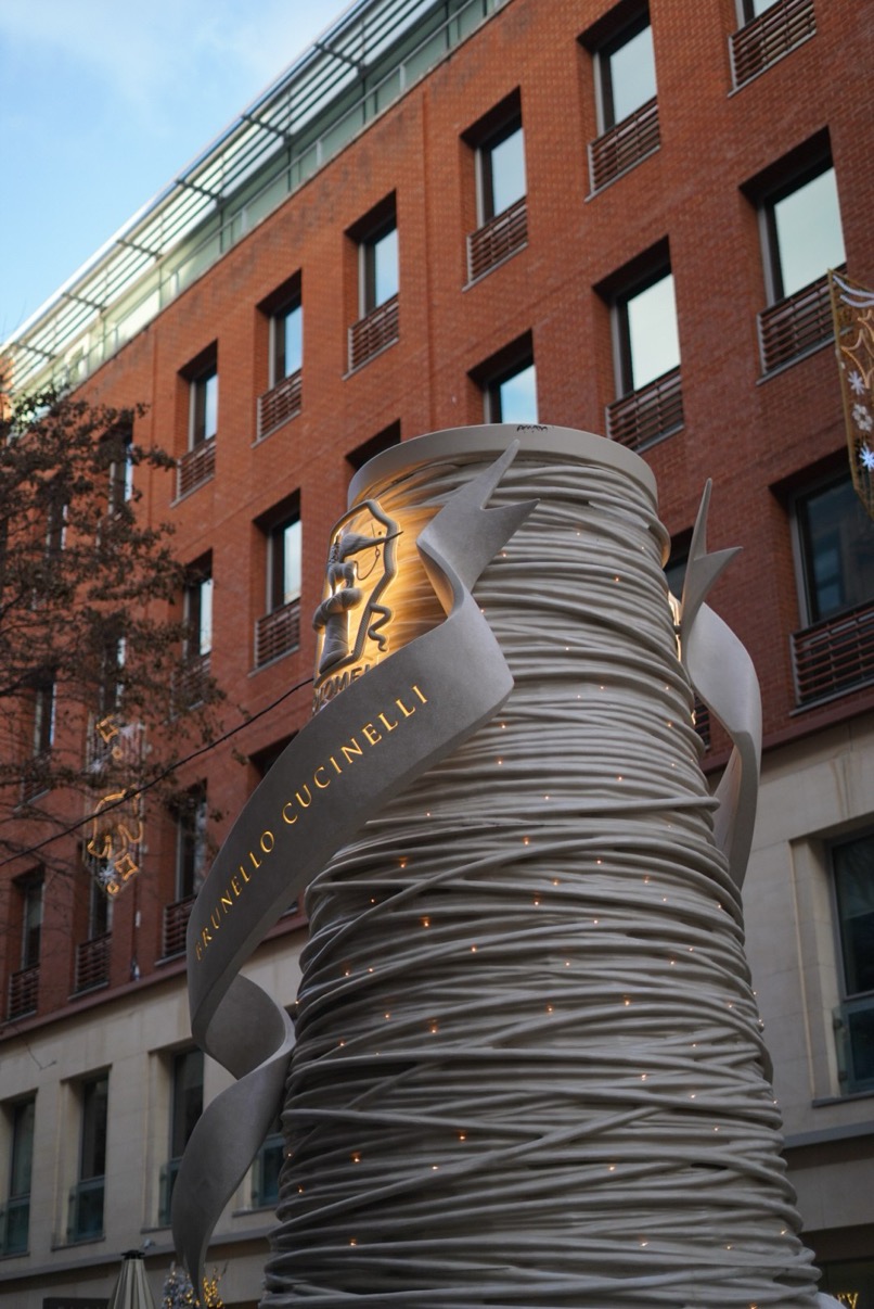 Brunello Cucinelli large spool installation on the street outside Harrods, London