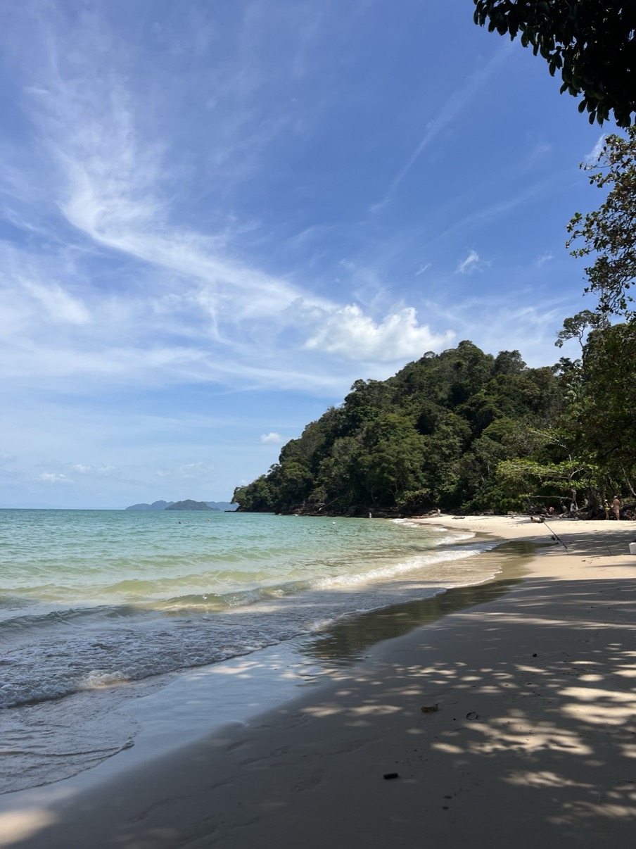 Beach curving into a forested headland with turquoise sea, Langkawi