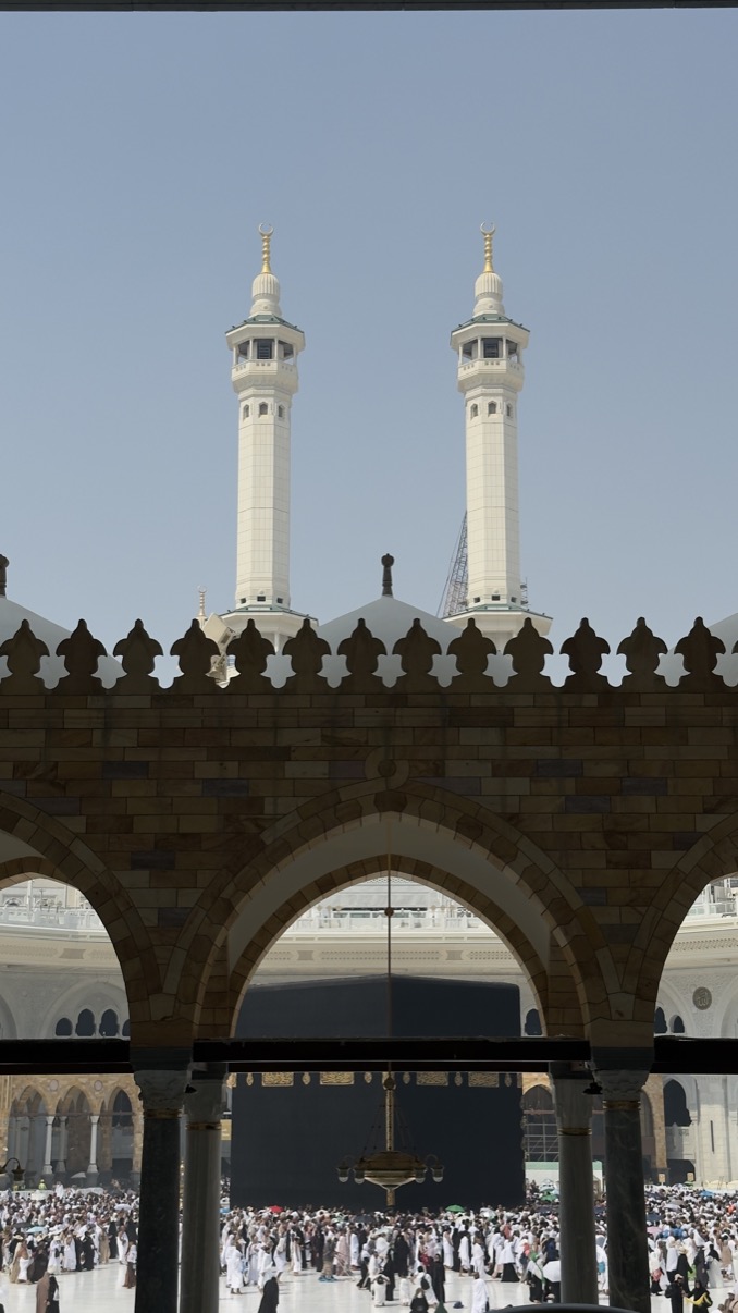 Minarets framed through the courtyard arches, Makkah al-Mukarramah