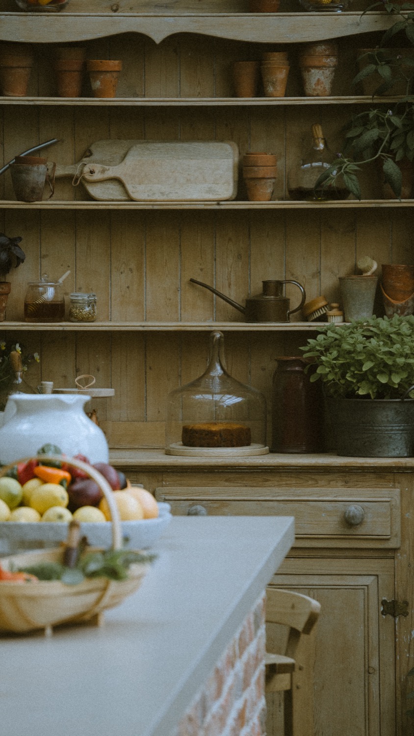 The dresser with a basket of fruit and a cake under a glass cloche, The Savills Garden, RHS Chelsea Flower Show, London