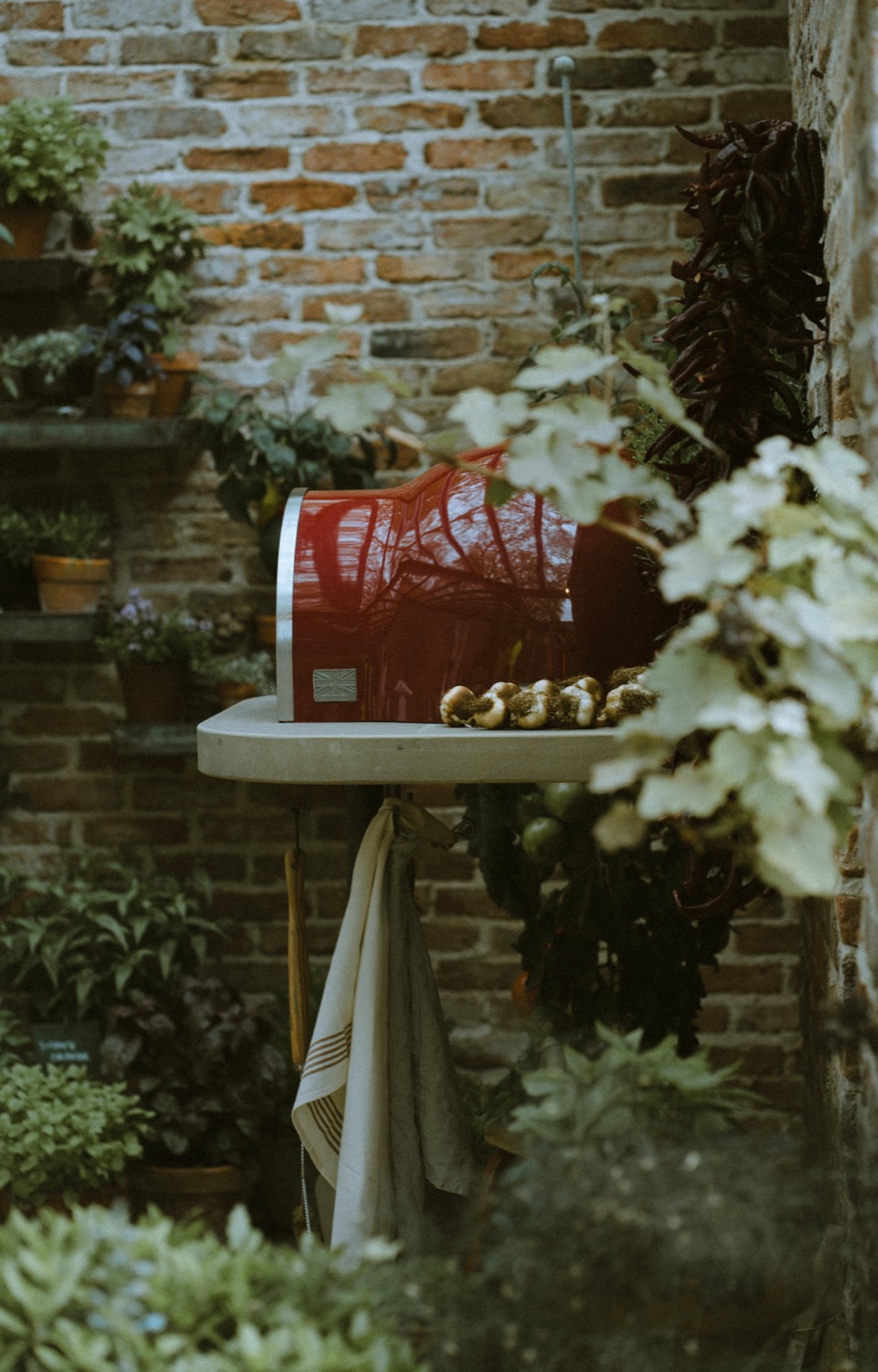 A red oven waiting on a table in the corner beneath drying chillies, The Savills Garden, RHS Chelsea Flower Show, London