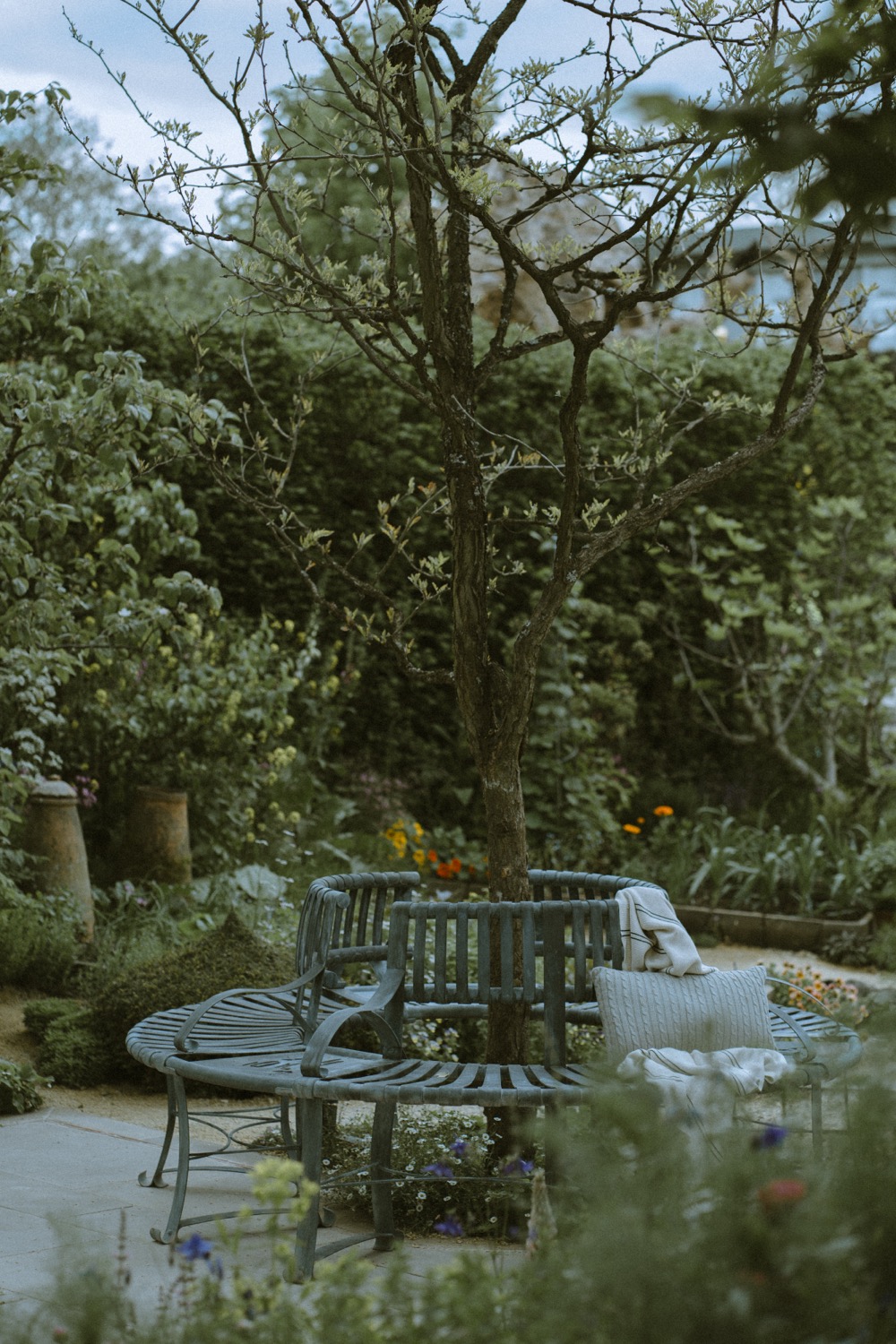 The tree seat circling its tree, with cushions and a folded blanket, The Savills Garden, RHS Chelsea Flower Show, London