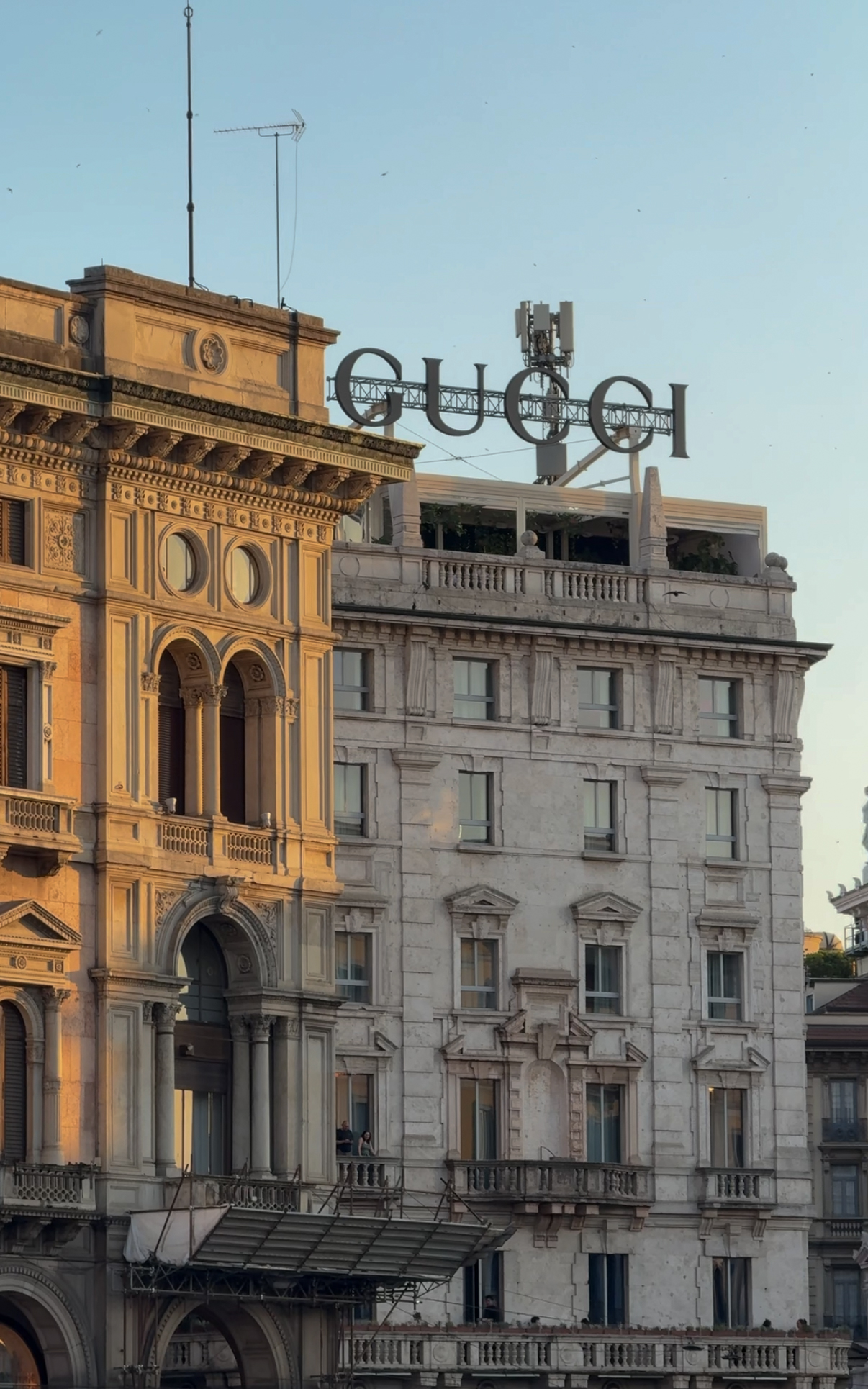 Neoclassical buildings in golden evening light, Milan