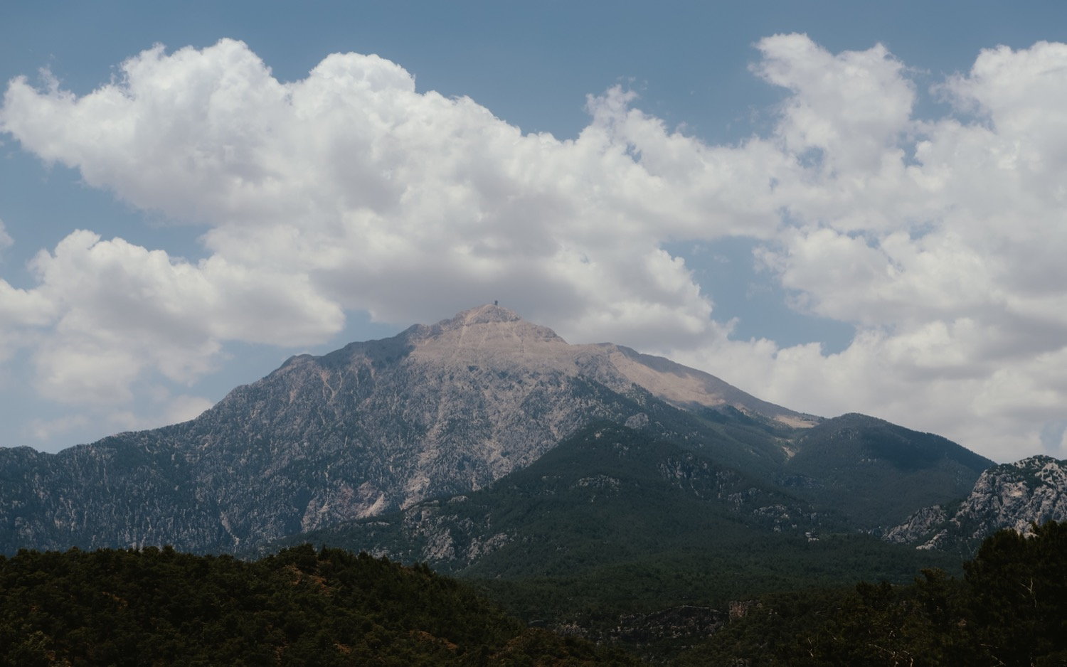 Mountain peak rising above a forested valley, large cumulus clouds building above it