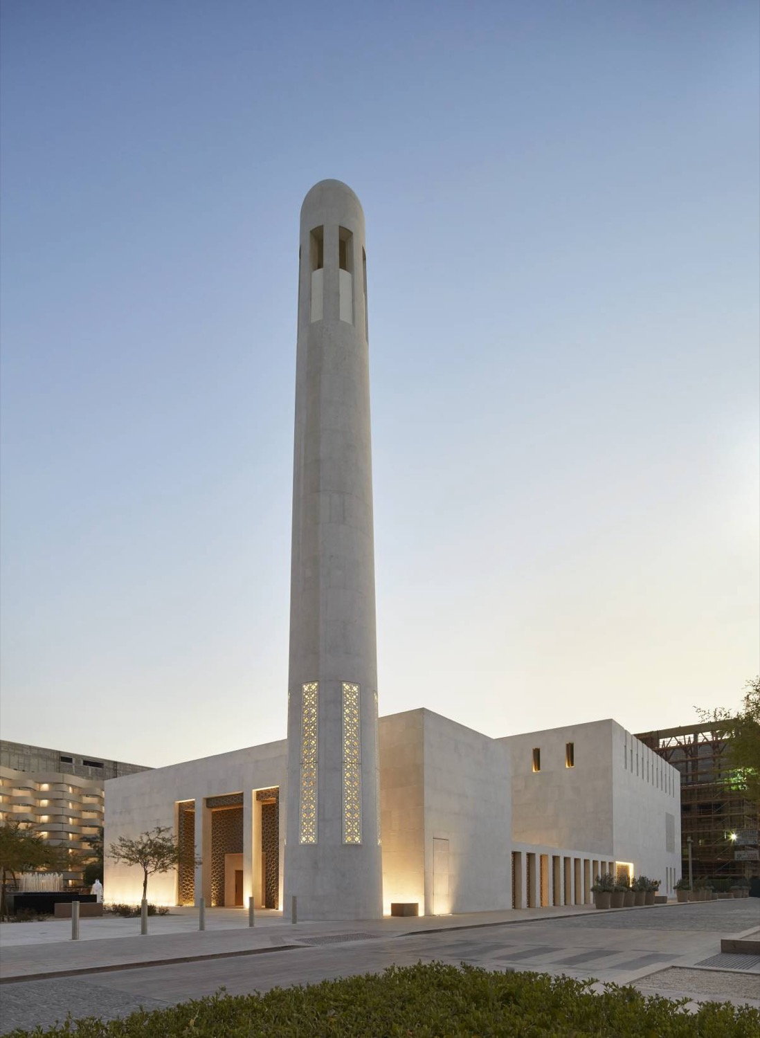 Modern mosque minaret at dusk, Doha