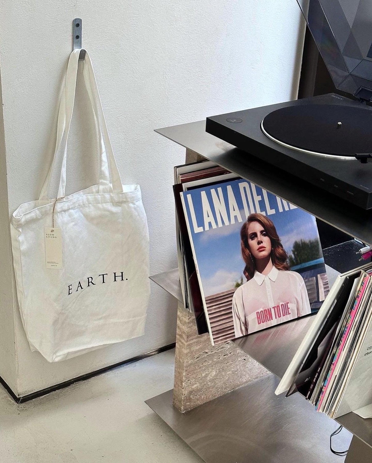 EARTH tote bag on a wall hook beside Lana Del Rey vinyl records