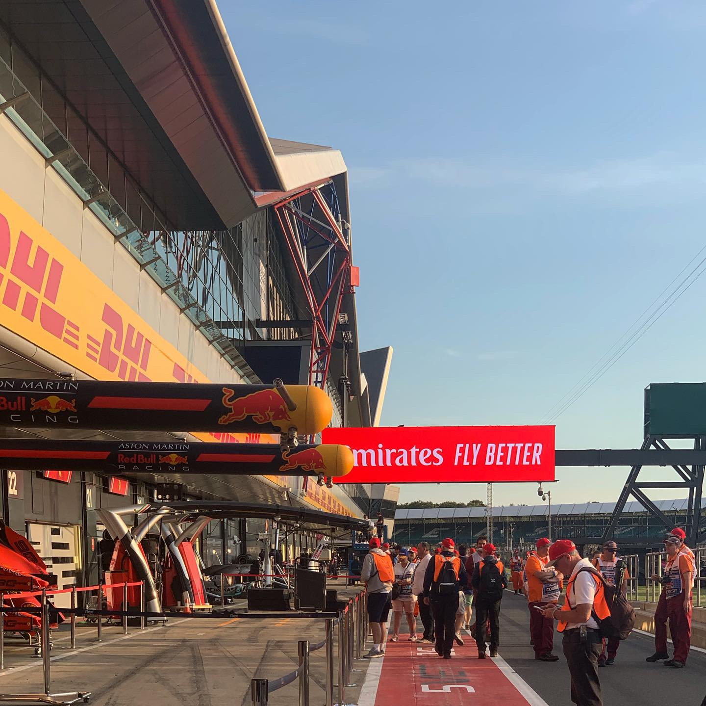 The Silverstone pit straight before the crowds, gantries and garages waking