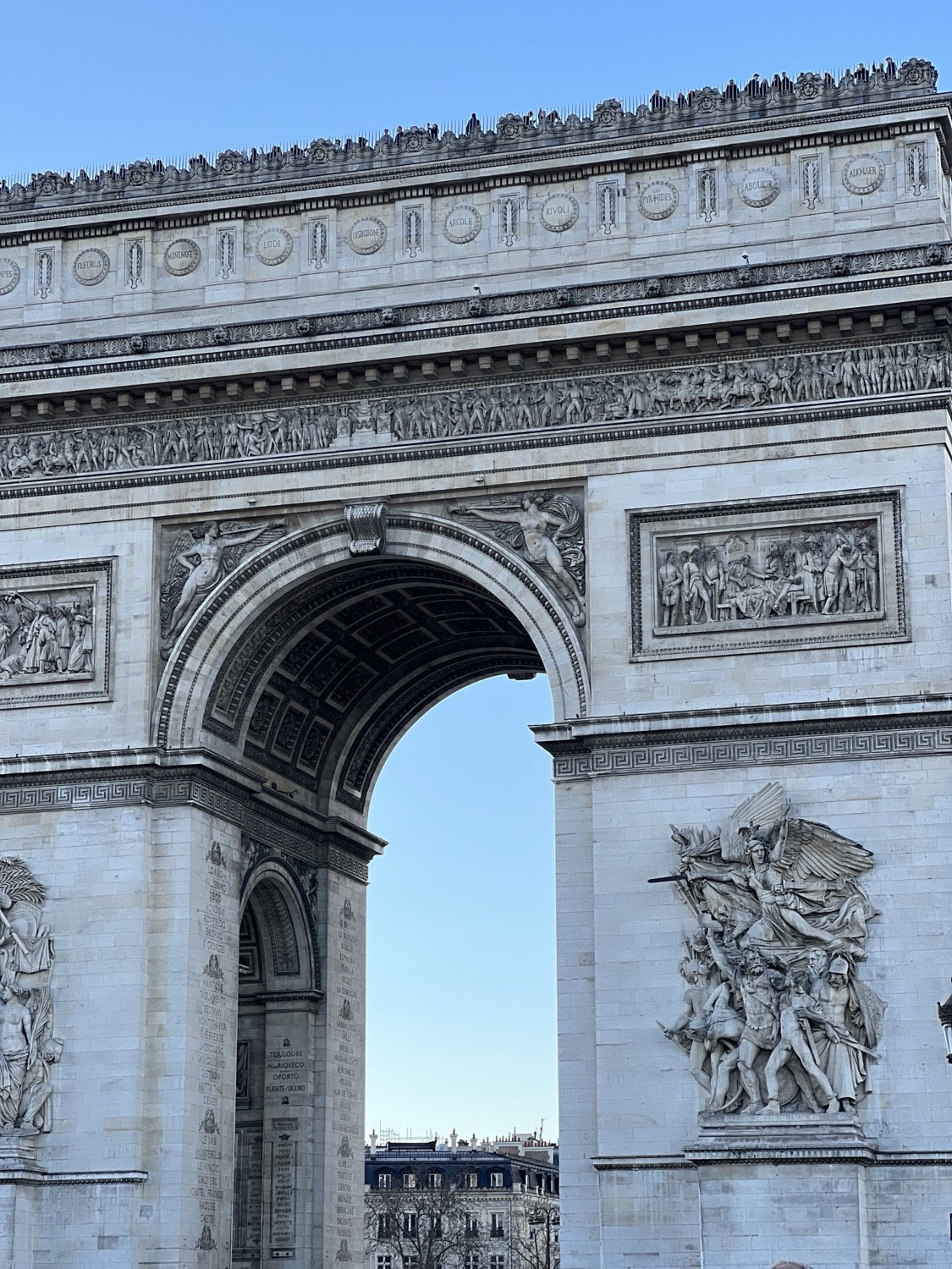 Arc de Triomphe seen from below, relief sculptures and arch, Paris