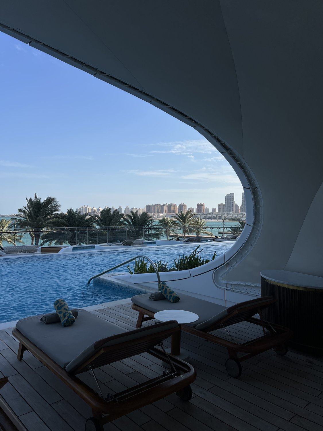 Pool and skyline through the canopy, Raffles Doha hotel