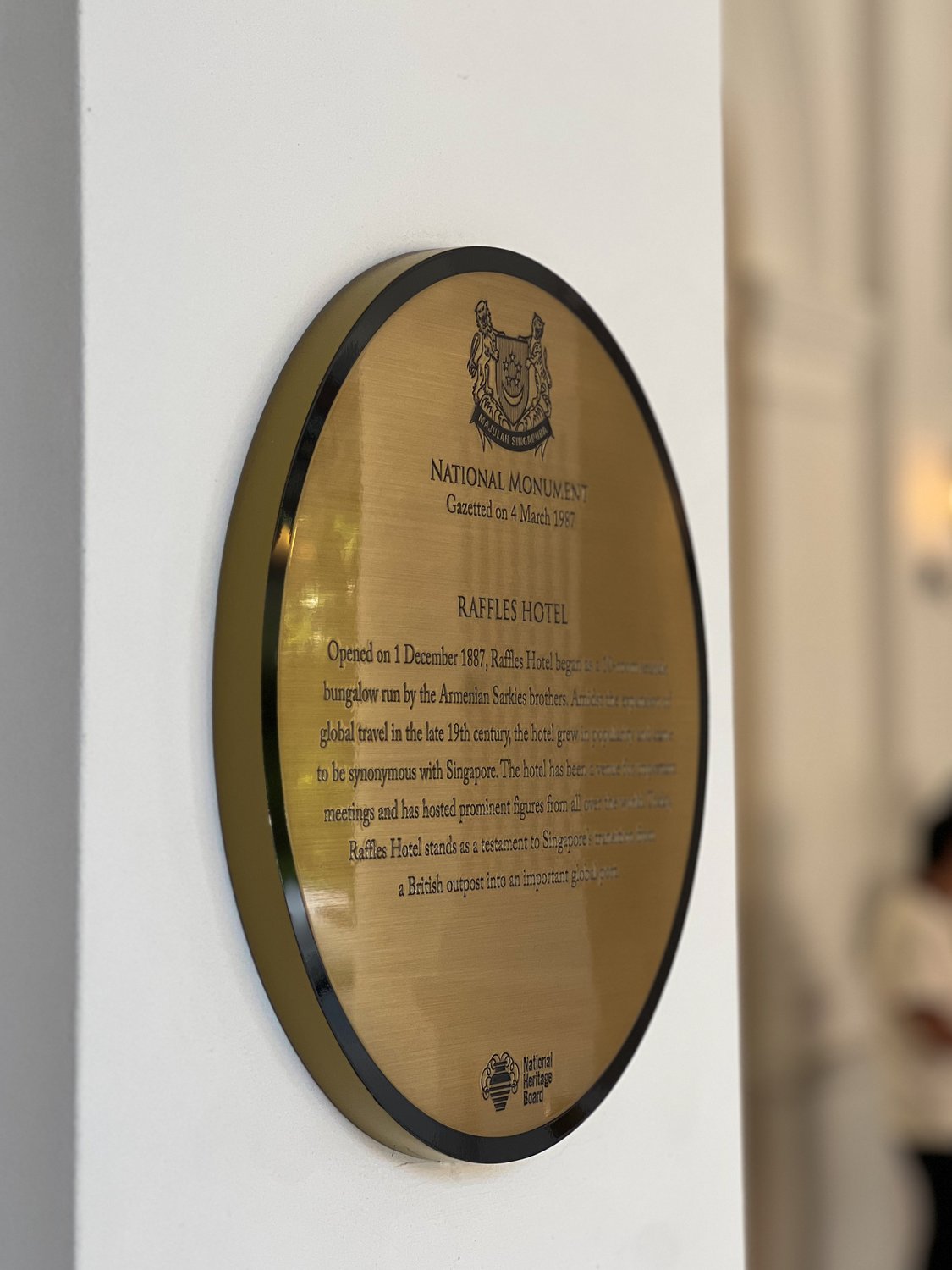 National Monument plaque, Raffles Hotel, Singapore