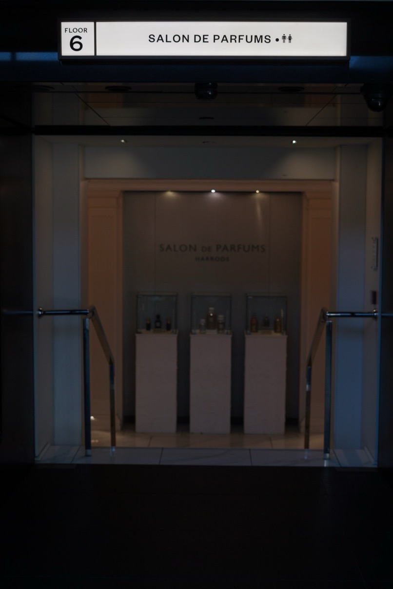 Floor 6 Salon de Parfums entrance sign and doorway, Harrods, London