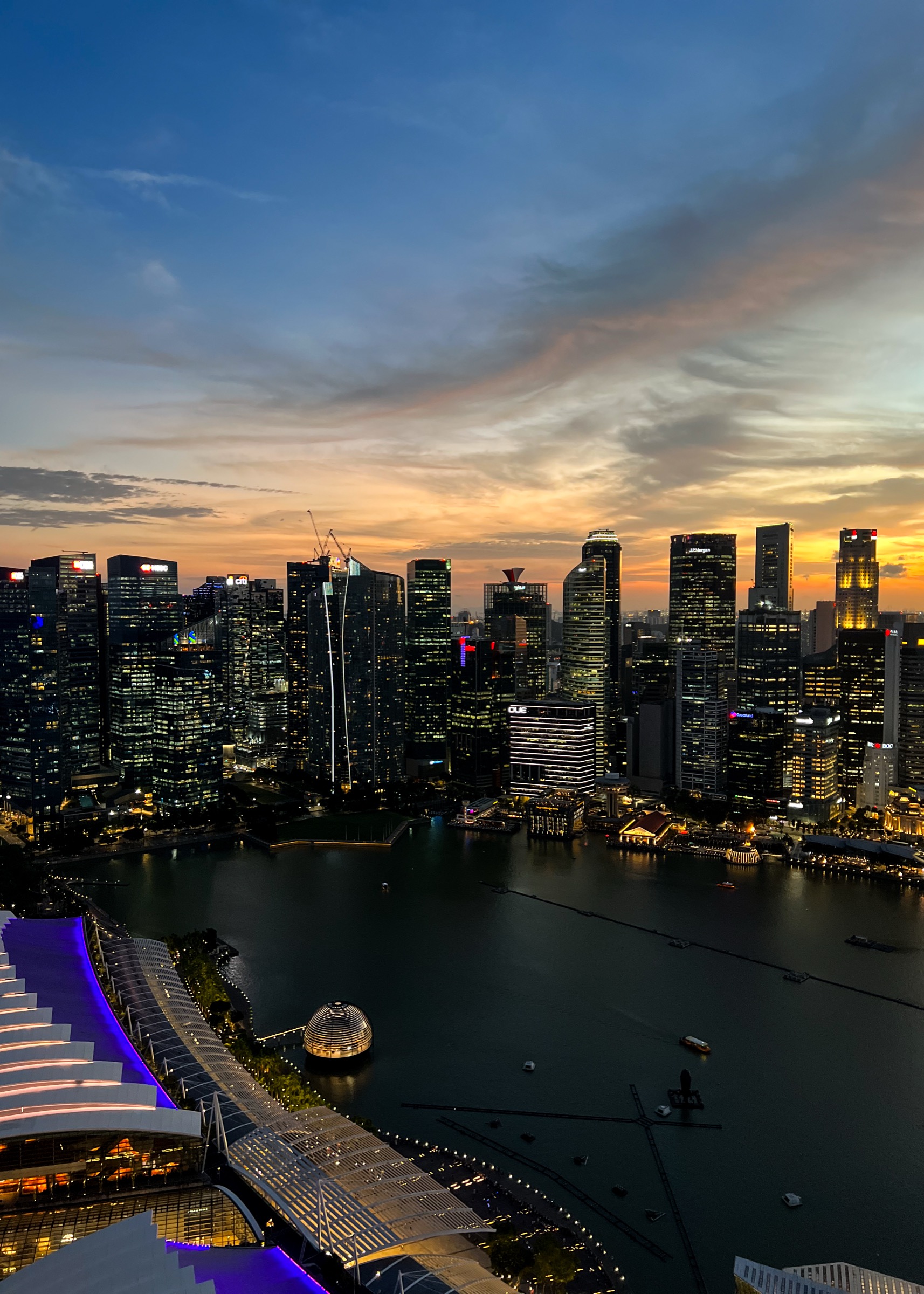 Skyline at dusk from Marina Bay Sands, Singapore