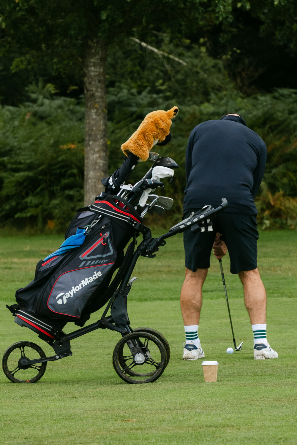 A trolley and a cup set down on the grass, McLaren Construction Group Golf Day, Kent