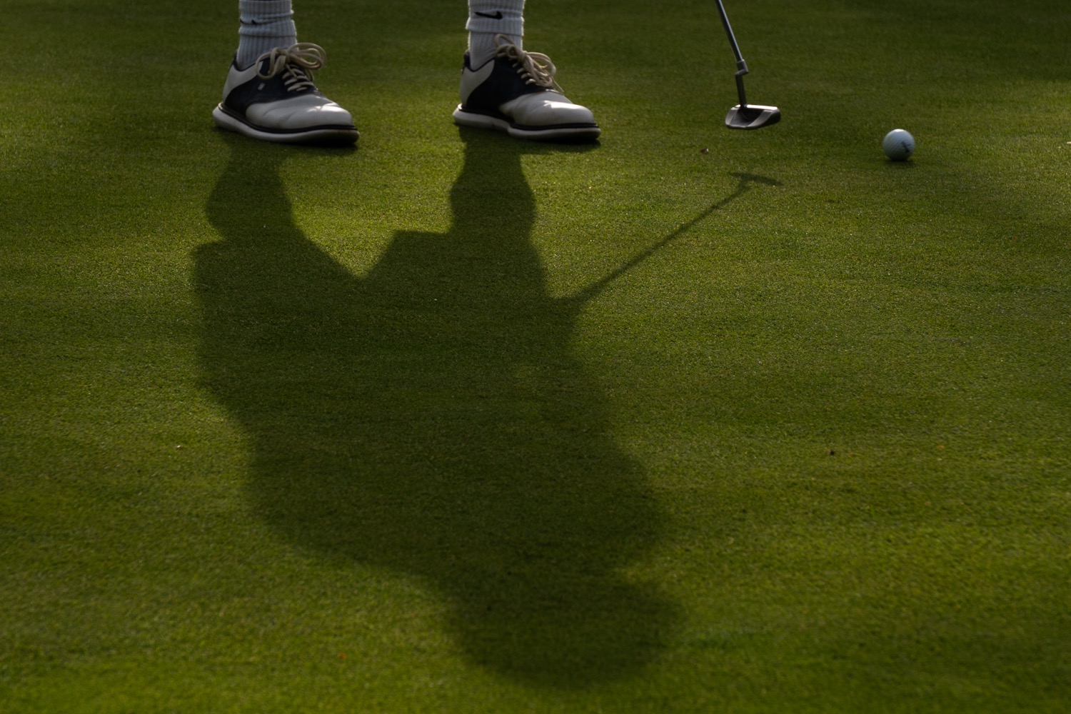 Long evening shadows falling across the green beside a putter and ball, Magnolia Classic, Horsforth Golf Club, Leeds