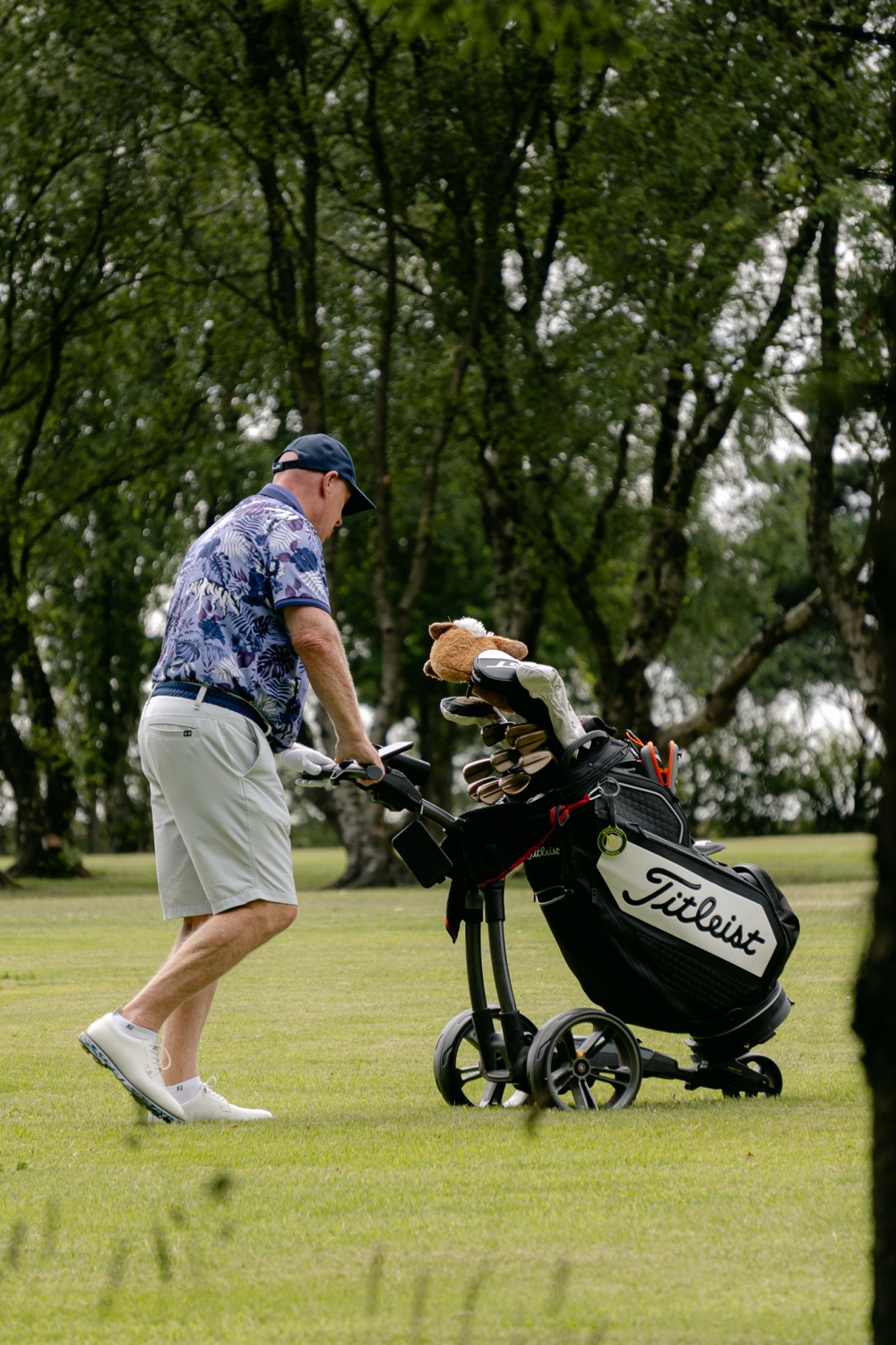 A trolley pushed up the fairway between shots, Magnolia Classic, Horsforth Golf Club, Leeds