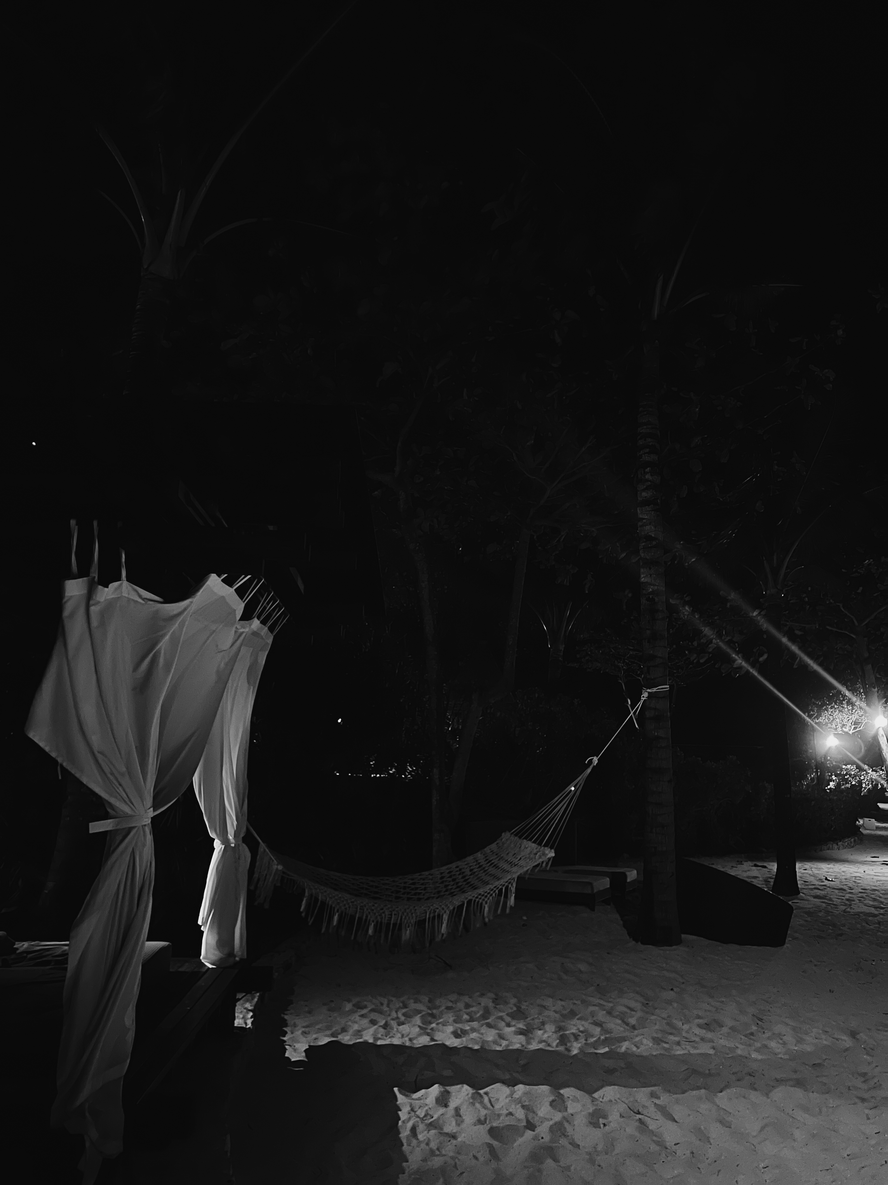 Night beach, hammock between palms, black and white, The Ritz-Carlton Bali