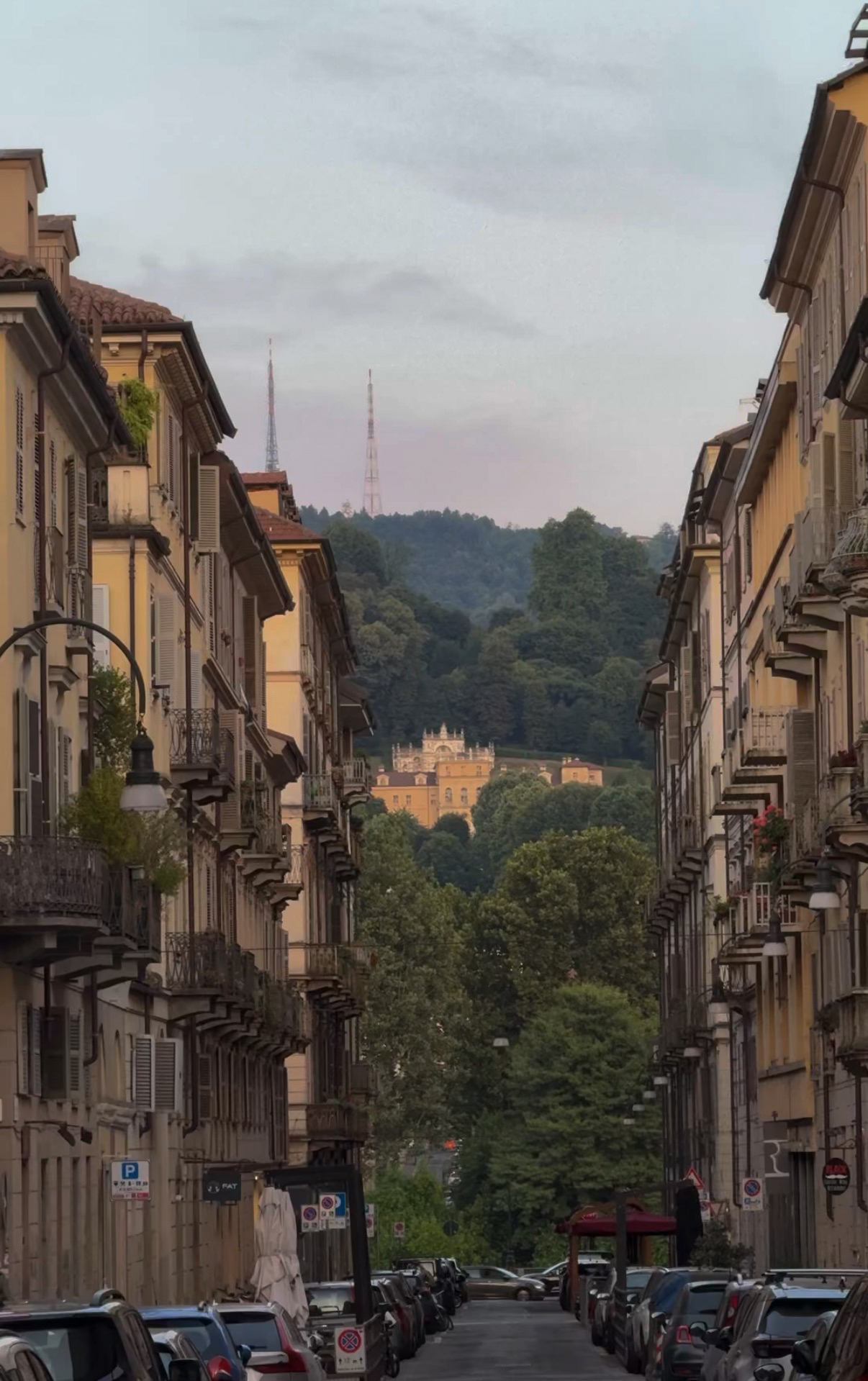 Avenue framing a villa on the hill, Turin